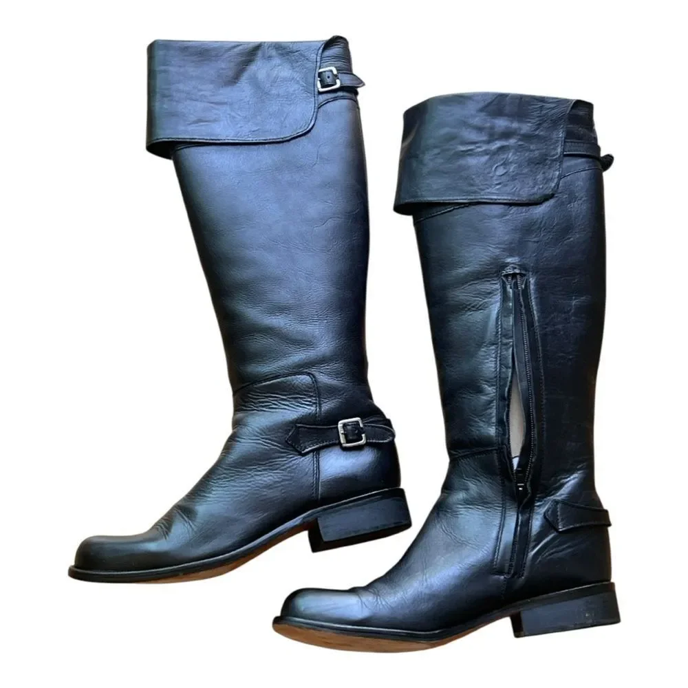Steve Madden Above the knee Black Leather Silver Buckles Riding Boots Sz 8.5